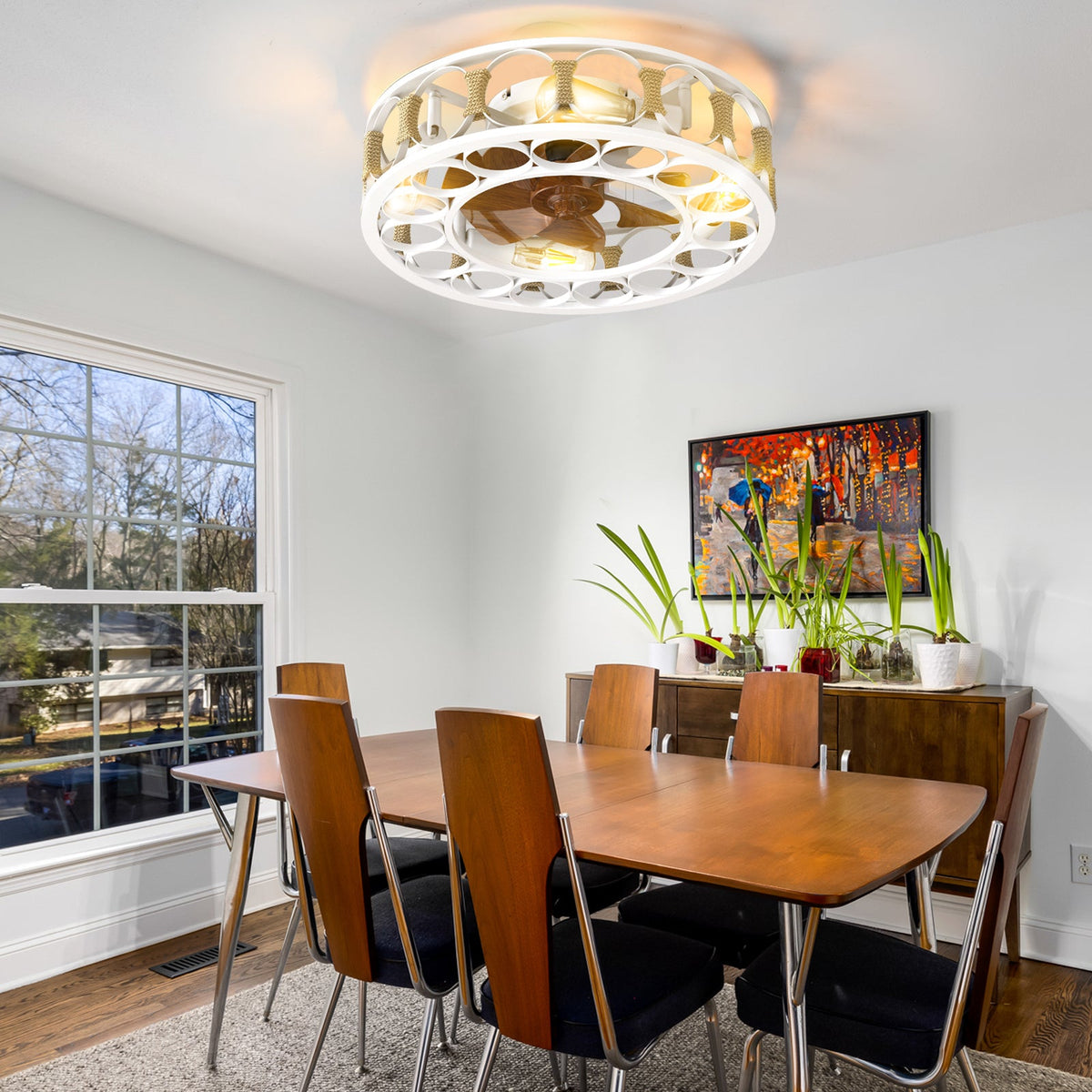 Caged Ceiling Fan with Lights Remote Control,Semi -embedded Modern