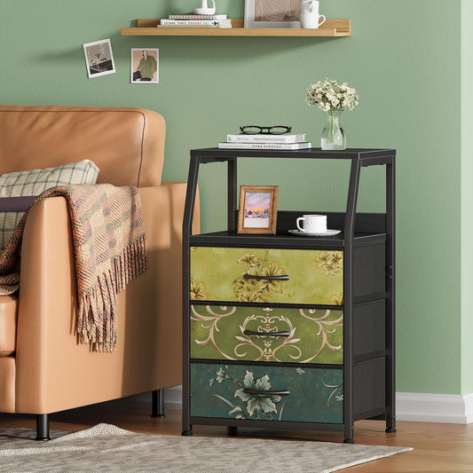 Retro Night Stand with 3 Drawers and 2-Tier Shelf, Small Nightstand
