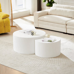 White Nesting table set of 2, Handcraft Relief MDF Coffee Table for