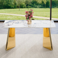 Pandora Patterned Sintered Stone Dining Table with Golden Stainless