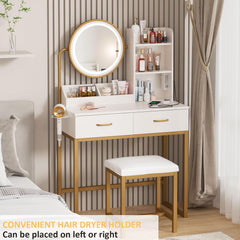 White Vanity Round Mirror, Lights, Charging, Small Bedroom