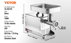 VEVOR Meat Grinder Electric Meat Grinders&Blade Grinding Plate Stainless Steel Commercial for Kitchen Restaurant Butcher Store