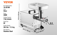 VEVOR Meat Grinder Electric Meat Grinders&Blade Grinding Plate Stainless Steel Commercial for Kitchen Restaurant Butcher Store