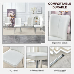 Modern Minimalist Dining Chairs Set with White PU Seats and Silver