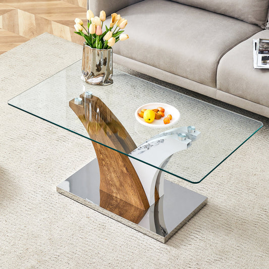 Modern Rectangular Coffee Table with Tempered Glass Top and Artistic