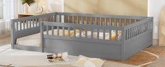 Full Floor Bed Frame with Fence, Wood Kids Floor Beds Frame for