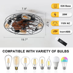 Caged Ceiling Fan With Light, 20'' farmhouse Low Profile Ceiling fan