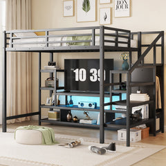 Full Size Metal Loft Bed with TV Stand, Metal Loft Bed with Staircase