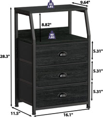 Black Night Stand, Small Dresser for Bedroom, Nightstand with 3 Fabric