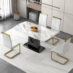 A modern, minimalist, and luxurious dining table with a white