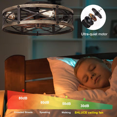 Farmhouse Flush Mount Caged Ceiling Fans with Lights, 6 Speeds, Rustic