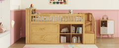 Twin Size Loft Bed with LED and Bookshelf, Wood Low Loft Bed with