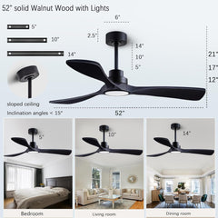 52" Wood Ceiling Fan with Lights with Remote Control Ceiling Fan, 3