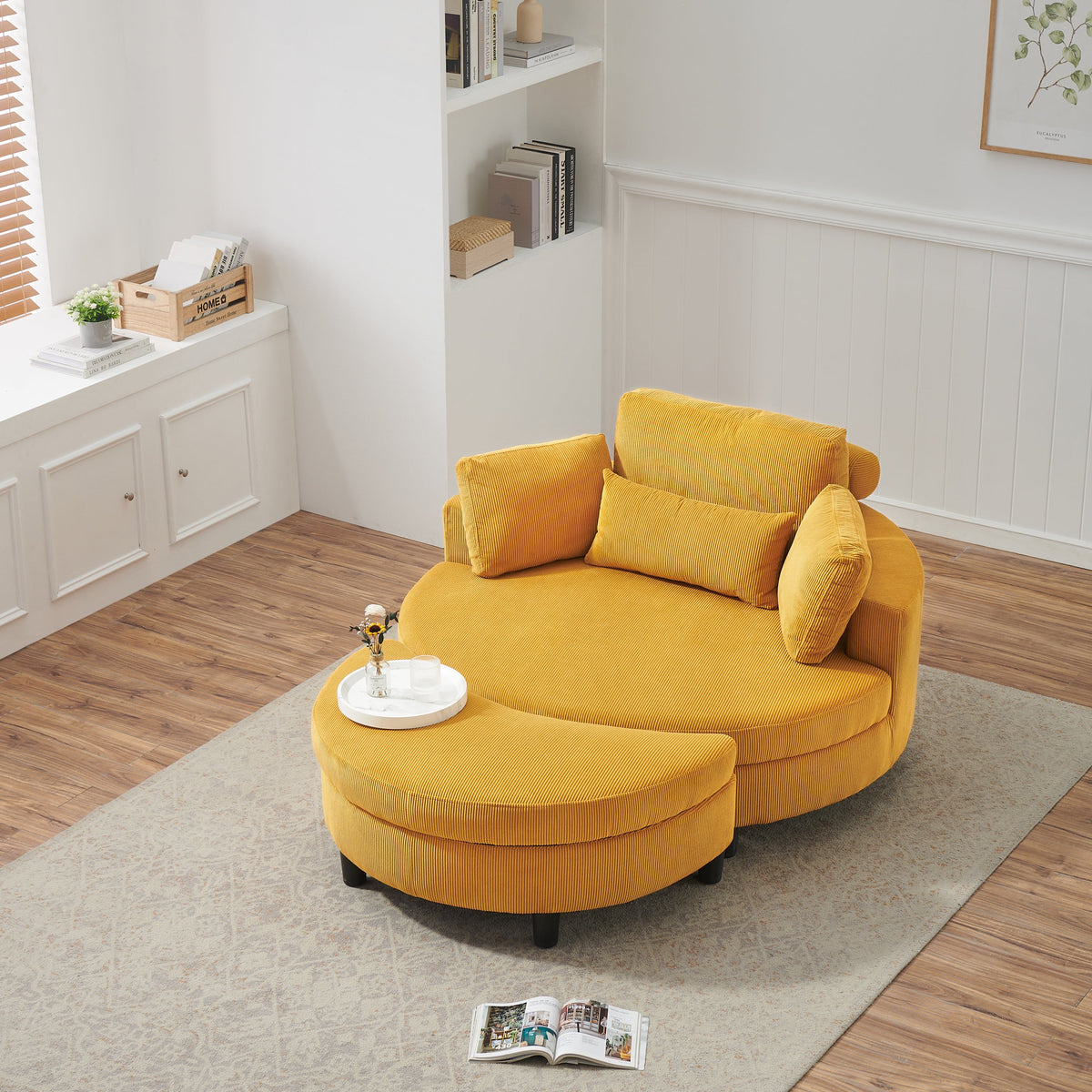 51-inch beige corduroy sofa with two throw pillows and a waist pillow