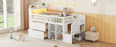 Twin Size Loft Bed with LED and Bookshelf, Wood Low Loft Bed with