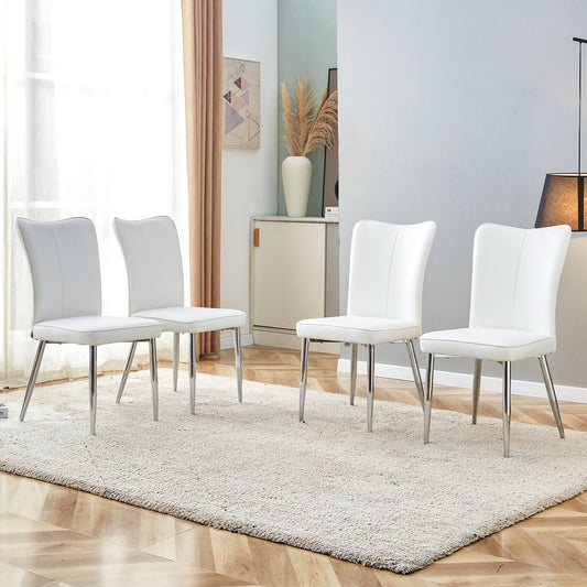 Modern Minimalist Dining Chairs Set with White PU Seats and Silver