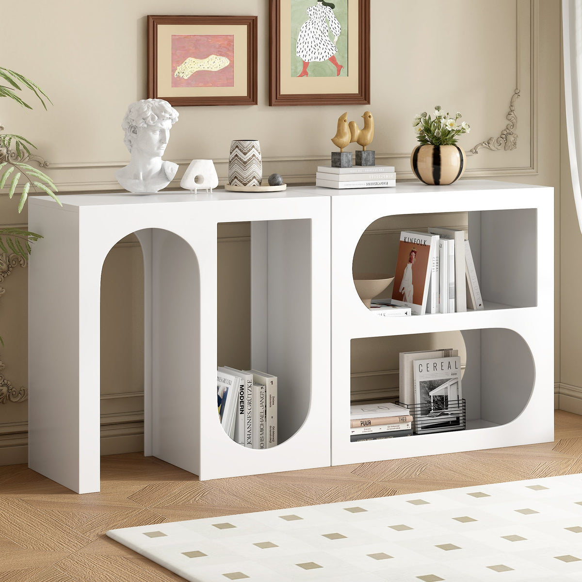 Modular Entryway Console Table with Rectangular Exterior and Curved