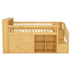 Twin Size Loft Bed with LED and Bookshelf, Wood Low Loft Bed with