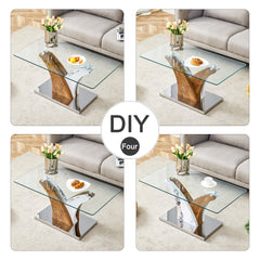 Modern Rectangular Coffee Table with Tempered Glass Top and Artistic