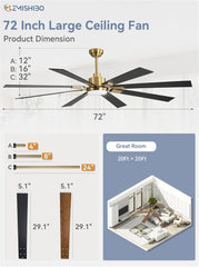 72 Inch Black and Gold Ceiling Fans with Lights and Remote,