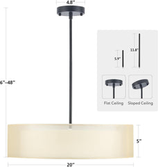 20" Black Drum Pendant Light 3-Light Fabric