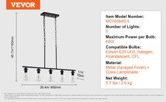 VEVOR 5-Light Kitchen Island Pendant Lights 60W with Clear Glass Lampshade 4 Rods 2 Metal Chains Farmhouse Linear Chandeliers
