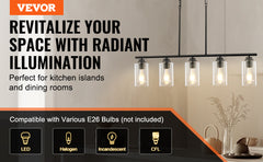 VEVOR 5-Light Kitchen Island Pendant Lights 60W with Clear Glass Lampshade 4 Rods 2 Metal Chains Farmhouse Linear Chandeliers