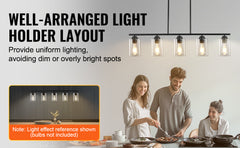 VEVOR 5-Light Kitchen Island Pendant Lights 60W with Clear Glass Lampshade 4 Rods 2 Metal Chains Farmhouse Linear Chandeliers