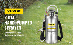 VEVOR 2Gal Stainless Steel Sprayer Hand Pump Sprayer with Pressure Gauge&Safety Valve Adjustable Nozzle for Gardening Sanitizing