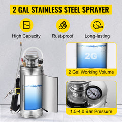 VEVOR 2Gal Stainless Steel Sprayer Hand Pump Sprayer with Pressure Gauge&Safety Valve Adjustable Nozzle for Gardening Sanitizing