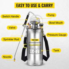 VEVOR 2Gal Stainless Steel Sprayer Hand Pump Sprayer with Pressure Gauge&Safety Valve Adjustable Nozzle for Gardening Sanitizing