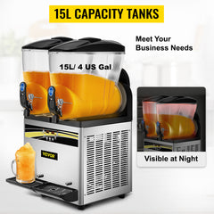 VEVOR 2x15L Commercial Slushy Machine Double Drink Dispenser Cold Juice Beverage Maker Stainless Steel for Home Bar Restaurant