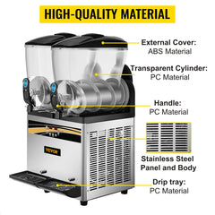 VEVOR 2x15L Commercial Slushy Machine Double Drink Dispenser Cold Juice Beverage Maker Stainless Steel for Home Bar Restaurant